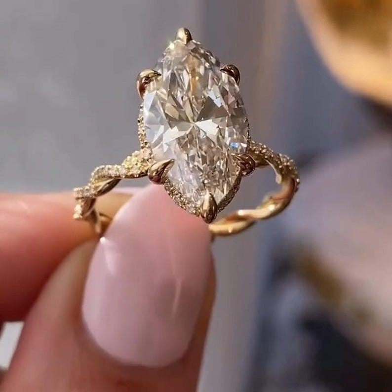 Marquise Cut Moissanite Engagement Ring - Twisted Vine Pavé Band Vintage Gold Ring