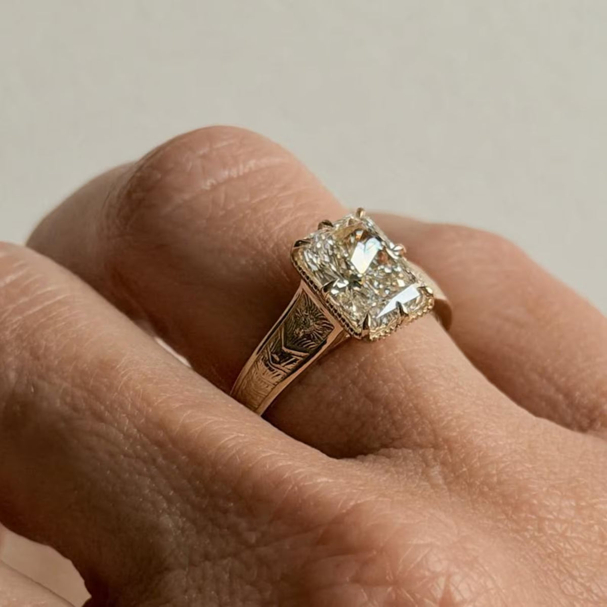2.5 CT Radiant Cut Lab Grown Diamond Engagement Ring in Engraved Gold Band