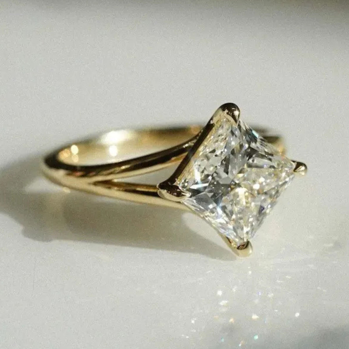 14k Gold Split Shank Princess Cut Solitaire Moissanite Engagement Ring