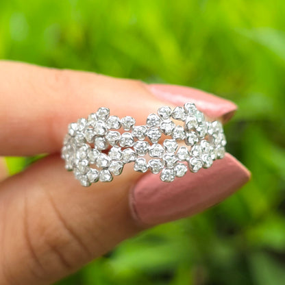 Wide Diamond Ring, Cluster Wedding Band, Dainty Flower Ring, Multi Stone Promise Band, Cocktail Ring, Unique Engagement Ring For Her