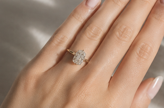 Elongated Cushion Cut Moissanite Solitaire Engagement Ring - Minimalist Compass Setting Gold Ring