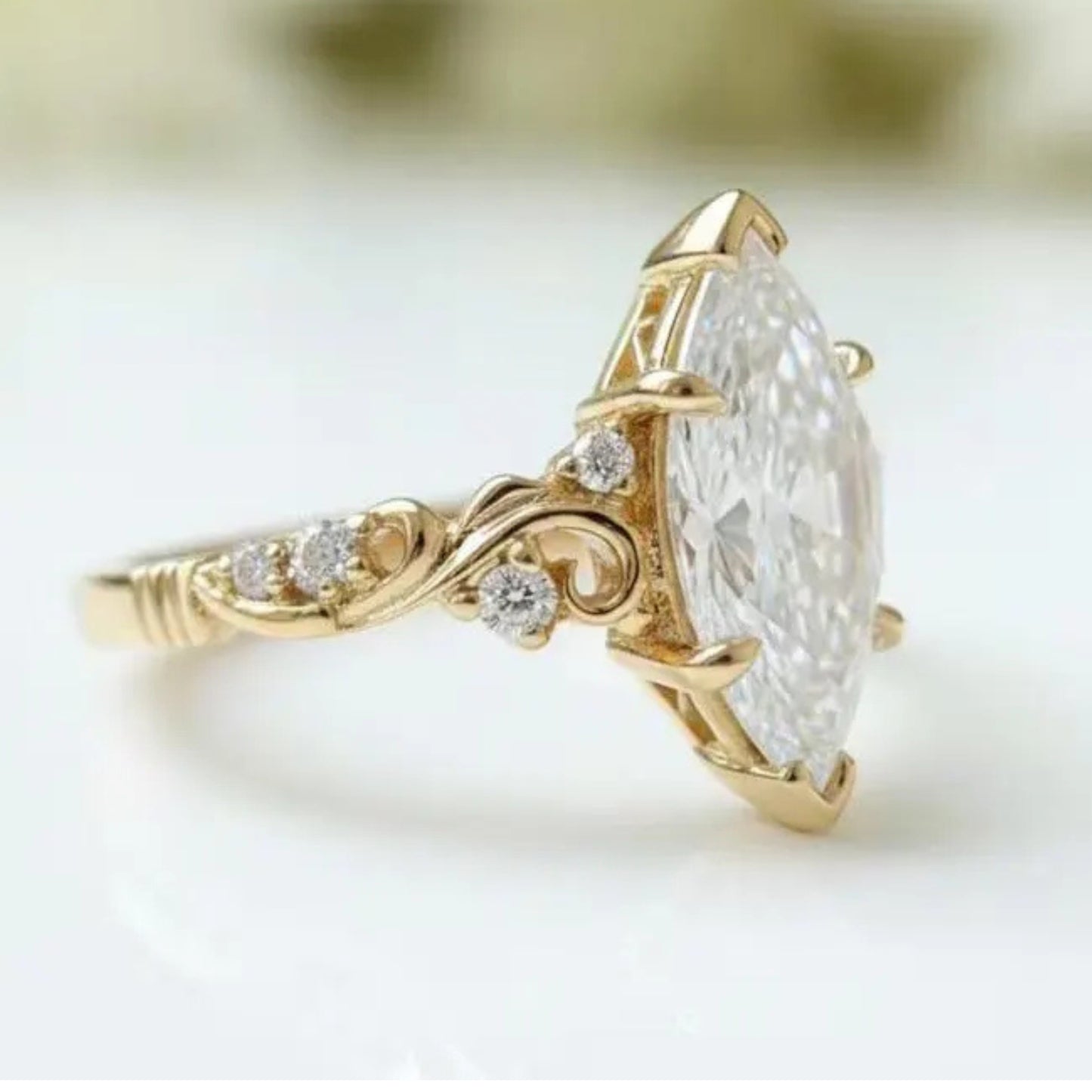 Vintage 2.5 CT Marquise Cut Moissanite Engagement Ring, 18K Solid Yellow Gold Natural Inspired Flower Wedding Ring, Anniversary Ring For Women