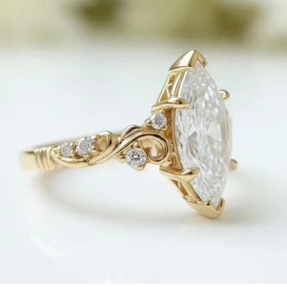 Vintage 2.5 CT Marquise Cut Moissanite Engagement Ring, 18K Solid Yellow Gold Natural Inspired Flower Wedding Ring, Anniversary Ring For Women