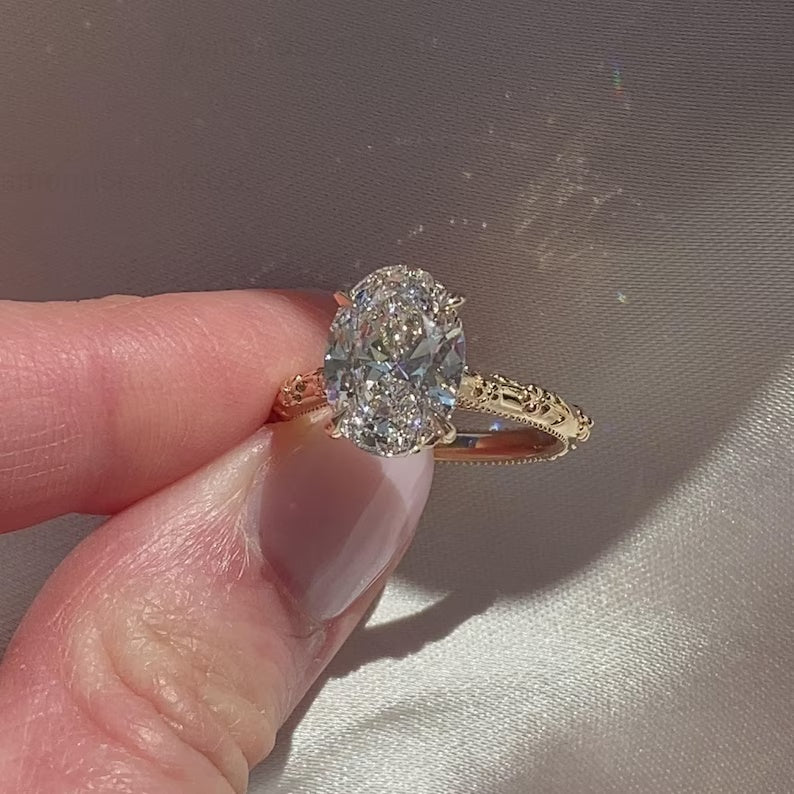 Vintage Floral Oval Moissanite Engagement Ring - Intricate Milgrain Hidden Bridge Gold Ring