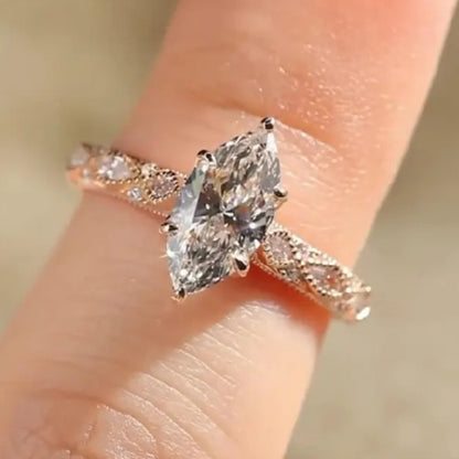 Milgrain 2 CT Marquise Moissanite Diamond Engagement Ring, Unique Art Deco Wedding Ring, Vintage 14K Rose Gold Promise Ring, Proposal Ring for Her