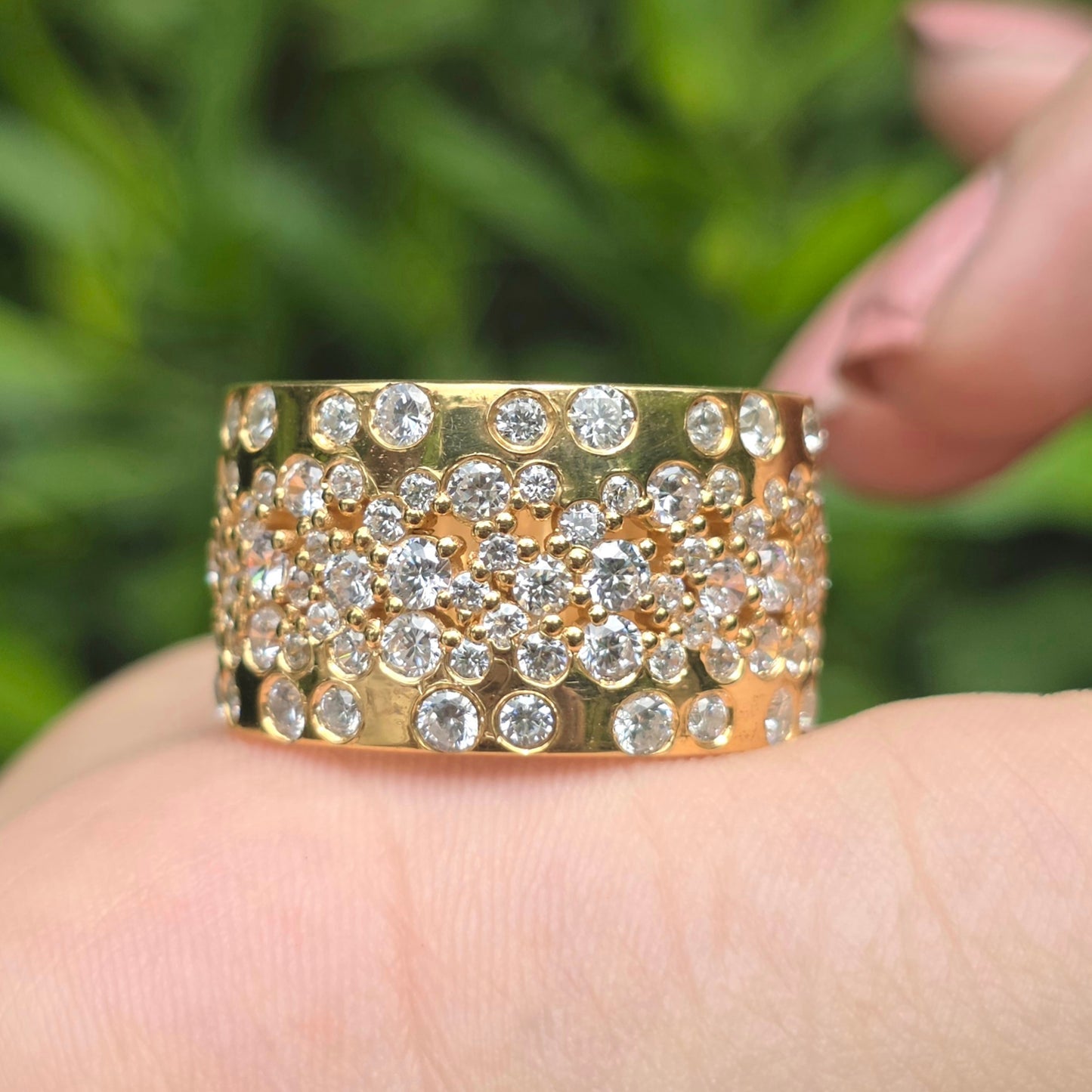 Gorgeous Round Moissanite Diamond Wide Band, Flush Set Scattered Wedding Band, 14K Solid Yellow Gold Plated Cigar Band, Cocktail Women Rings