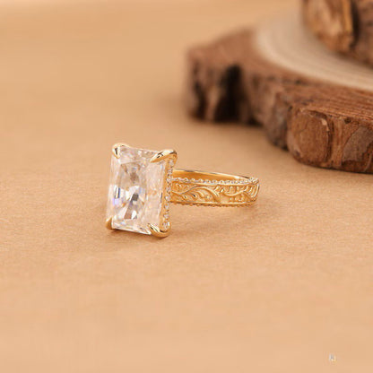 4CT Radiant Cut Moissanite Engagement Ring Vintage Engraved Gold Band