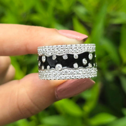 Black Enamel Wide Band Ring, Unique Pave Diamond Cluster Wedding Ring, Heavy Silver Promise Band, Art Deco Style Cocktail Ring For Her