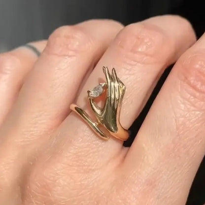 Hand Holding Moissanite Diamond Ring, Unique Marquise Cut Engagement Ring, 14k Gold Ring Statement Ring, Open Band Ring, Wedding Gifts.