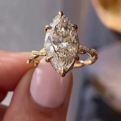 Marquise Cut Moissanite Engagement Ring - Twisted Vine Pavé Band Vintage Gold Ring