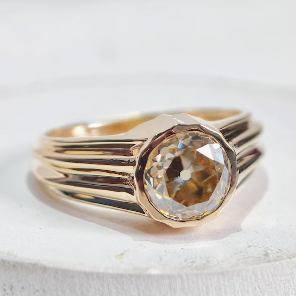 Bezel Set Old Mine European Moissanite Engagement Ring in 14K Gold