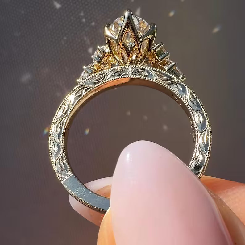 Vintage Marquise Moissanite Ring, Celestial Engraved Hidden Halo Solitaire