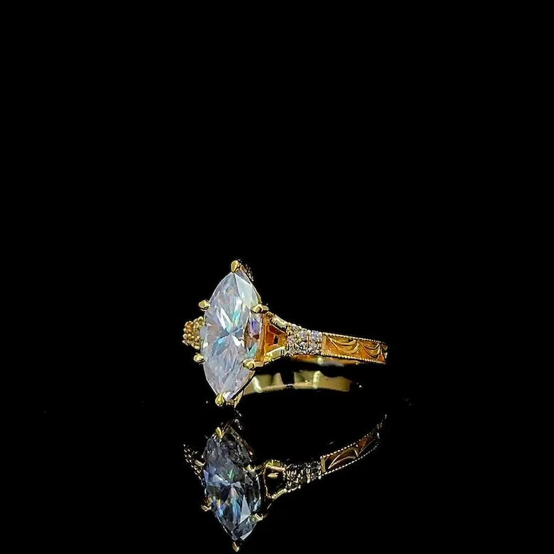 3CT Marquise Cut Moissanite Engagement Ring Vintage Hand Engraved Gold Band