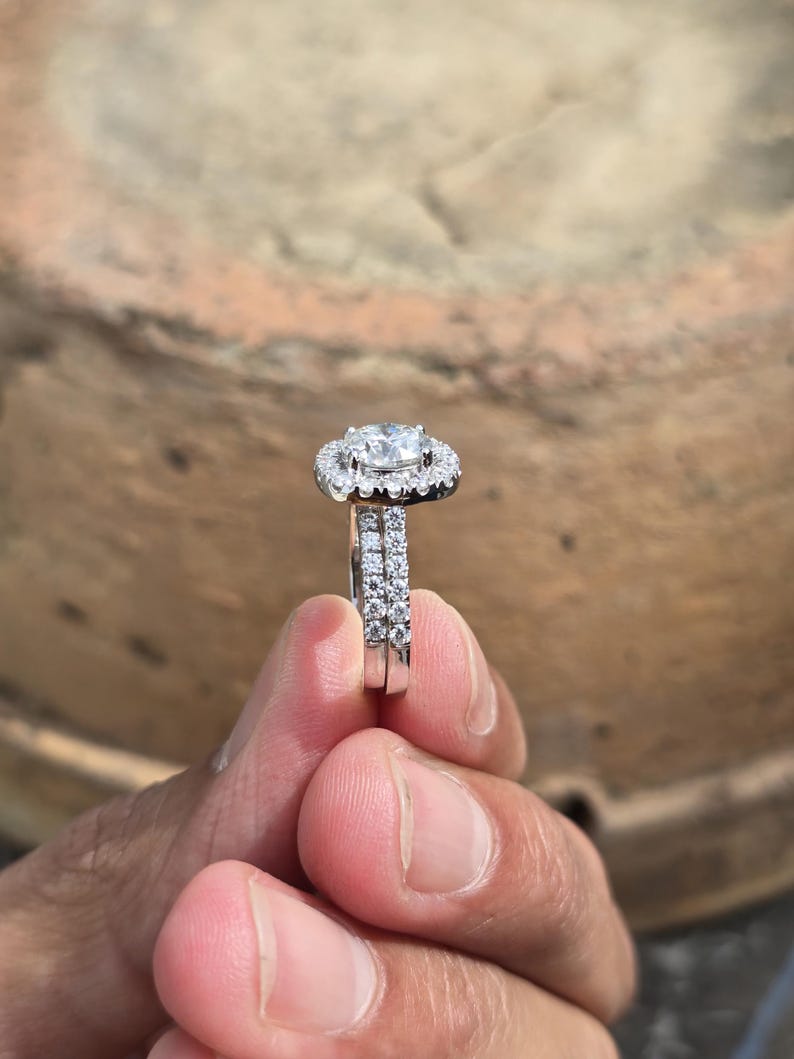 Round Cut Moissanite Cushion Halo Engagement Ring Set - Pavé Band Bridal Set