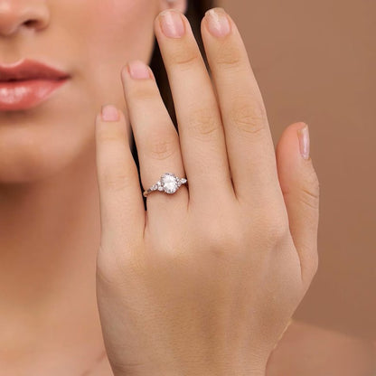 Oval Lab Grown Diamond Engagement Ring - Pear & Round Cluster Side Stone Gold Ring