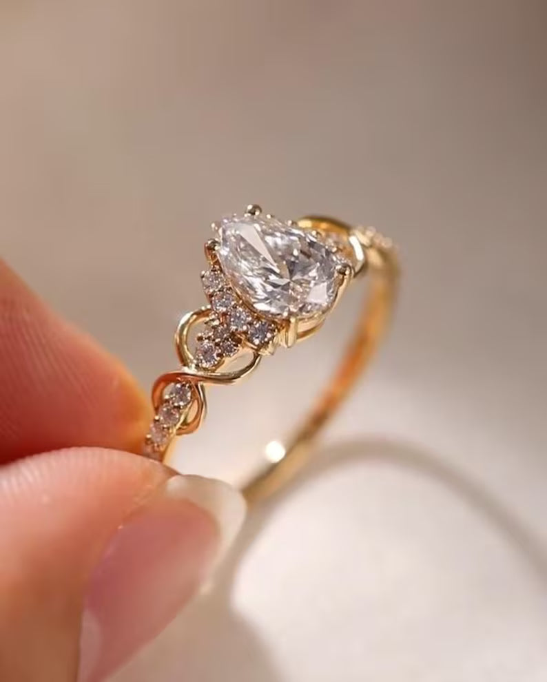 Pear Moissanite Crown Engagement Ring Twisted Band Wedding Set