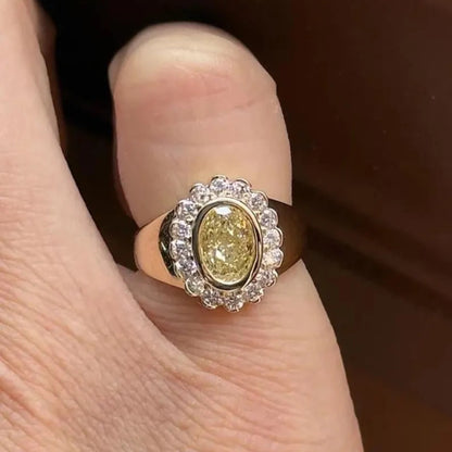 Vintage Yellow Oval Lab Diamond Flower Pinky Halo Engagement ring