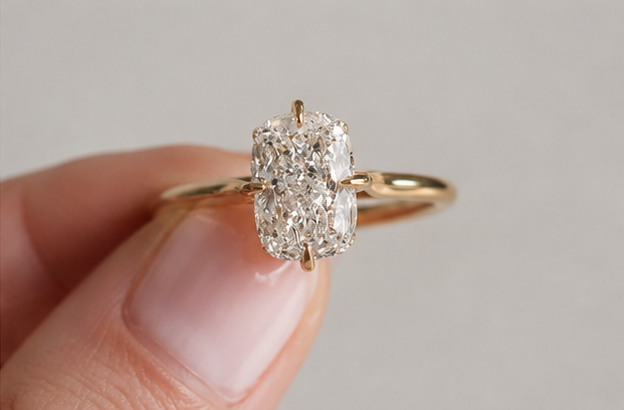 Elongated Cushion Cut Moissanite Solitaire Engagement Ring - Minimalist Compass Setting Gold Ring