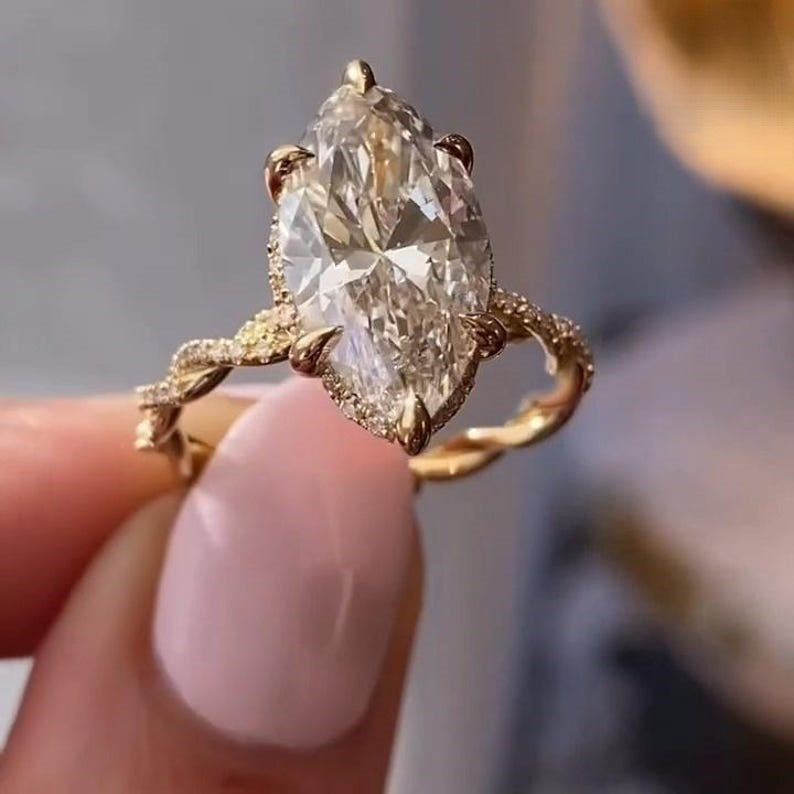 Marquise Cut Moissanite Engagement Ring - Twisted Vine Pavé Band Vintage Gold Ring