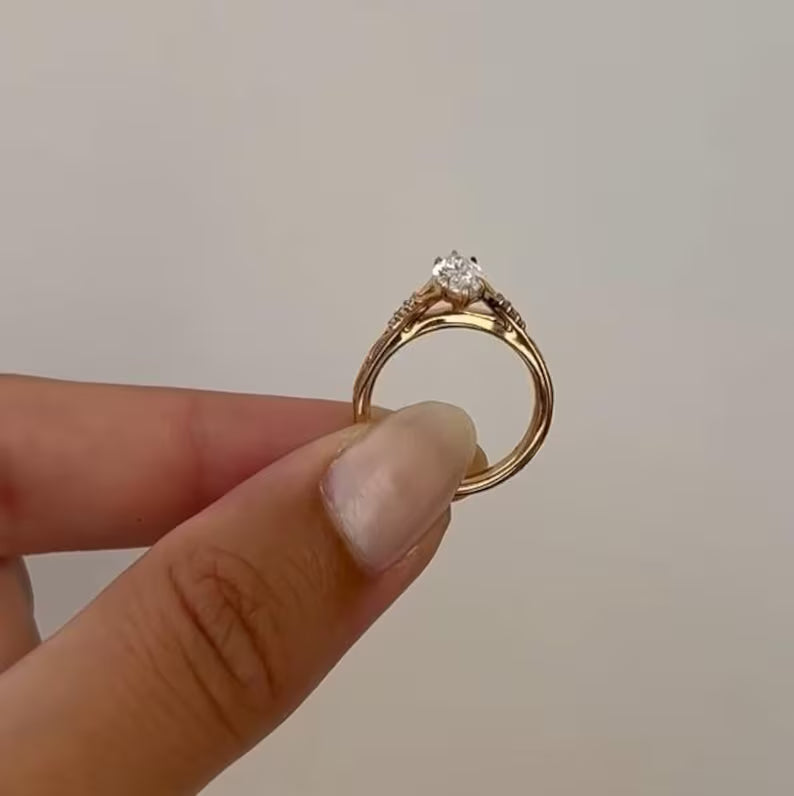 3CT Marquise Cut Moissanite Engagement Ring Vintage Hand Engraved Gold Band