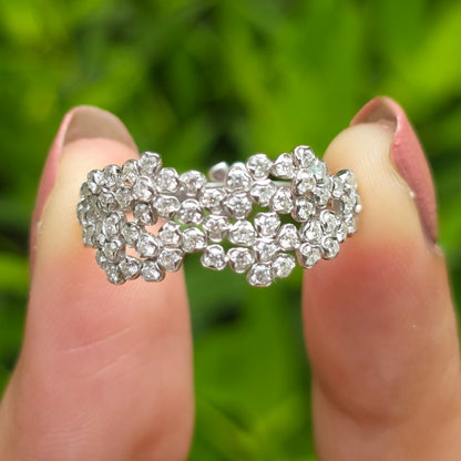Wide Diamond Ring, Cluster Wedding Band, Dainty Flower Ring, Multi Stone Promise Band, Cocktail Ring, Unique Engagement Ring For Her