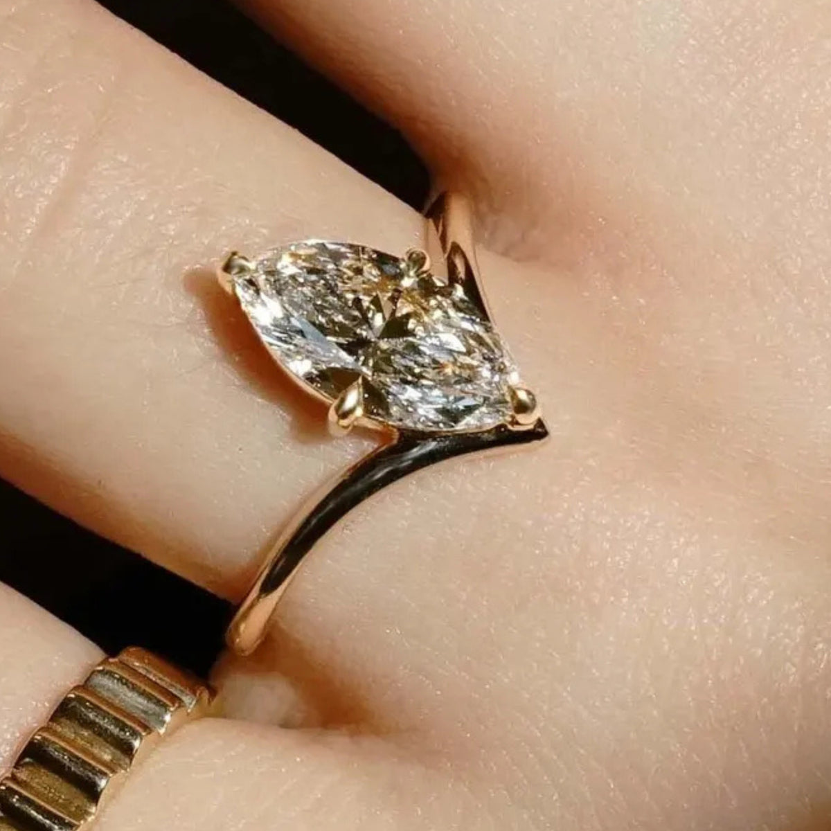 2 CT Marquise Lab Grown Diamond Engagement Ring, VVS1 Solitaire with V-Shape Band