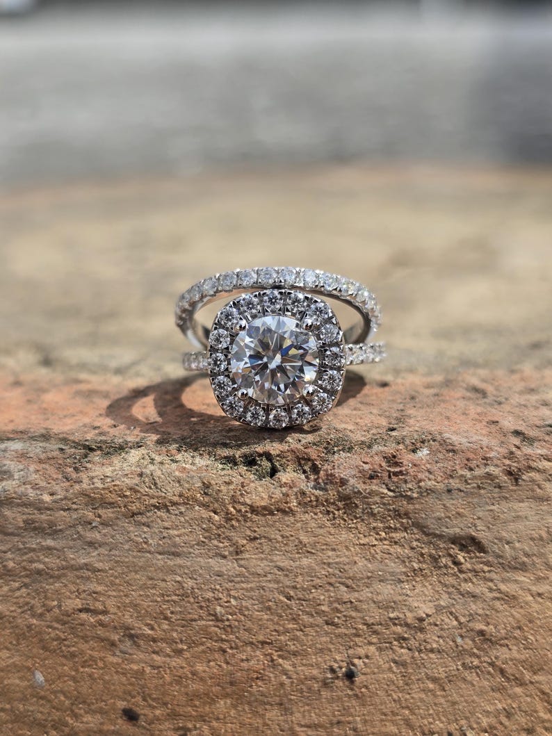 Round Cut Moissanite Cushion Halo Engagement Ring Set - Pavé Band Bridal Set