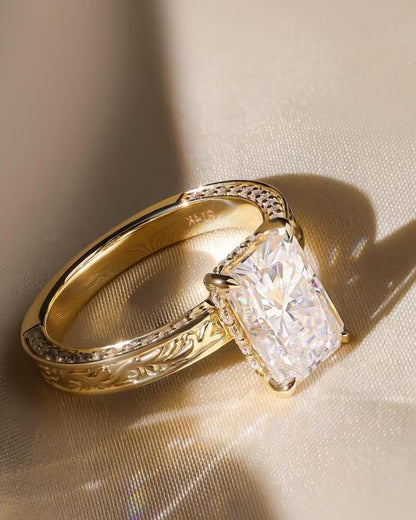 4CT Radiant Cut Moissanite Engagement Ring Vintage Engraved Gold Band