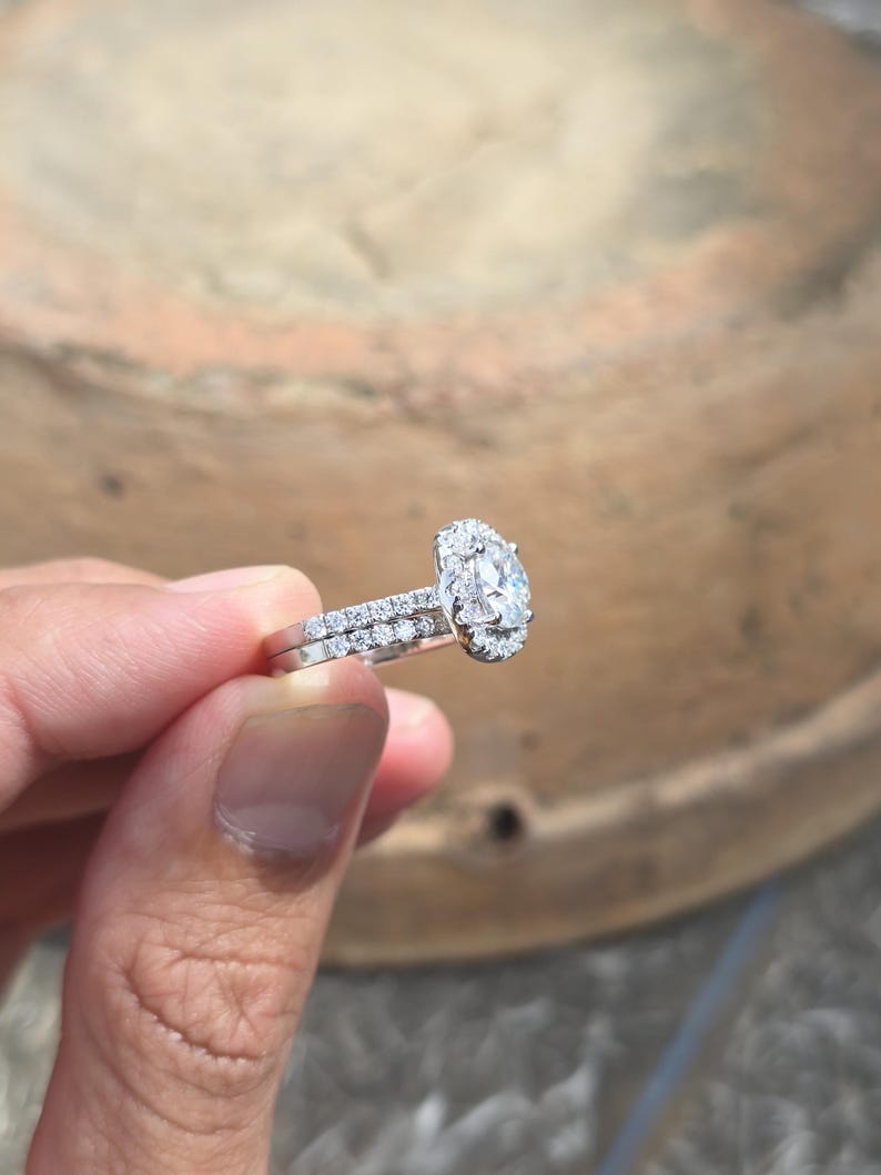 Round Cut Moissanite Cushion Halo Engagement Ring Set - Pavé Band Bridal Set