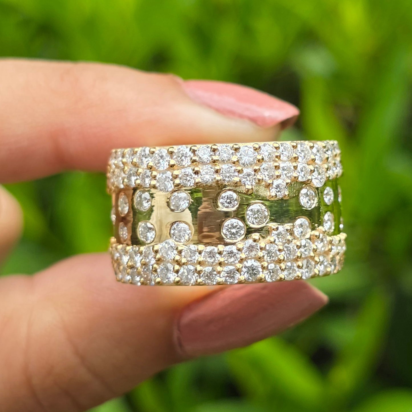 Chunky Wide Diamond Band, 14k Gold Pave Wedding Ring, Multi-Row Diamond Cocktail & Bold Designer Style Ring, Unique Promise Ring For Women