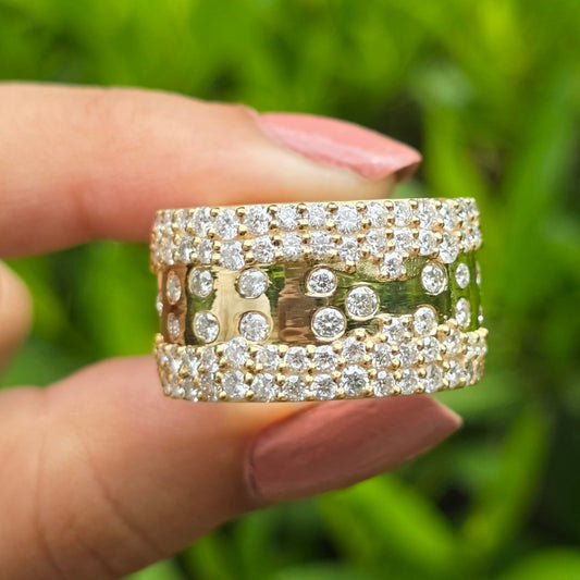 Chunky Wide Diamond Band, 14k Gold Pave Wedding Ring, Multi-Row Diamond Cocktail & Bold Designer Style Ring, Unique Promise Ring For Women