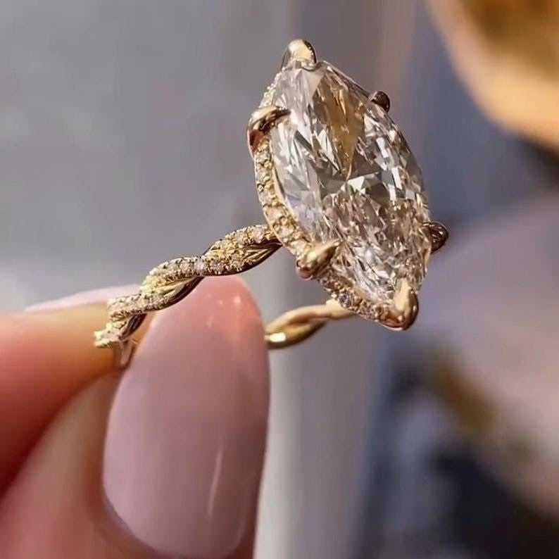 Marquise Cut Moissanite Engagement Ring - Twisted Vine Pavé Band Vintage Gold Ring