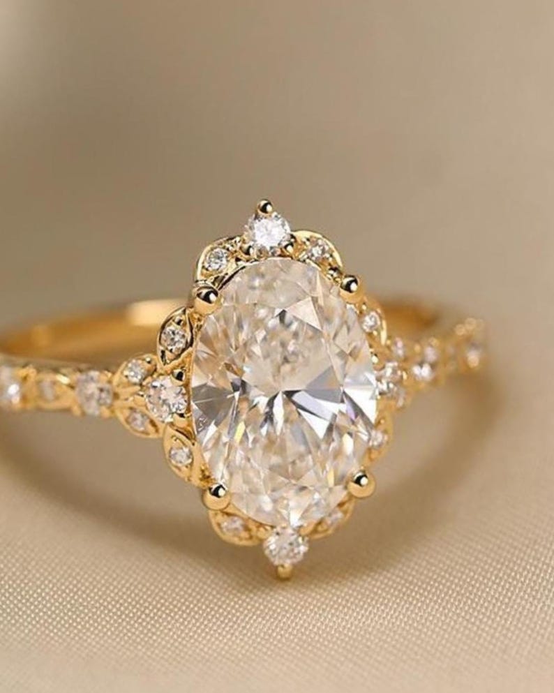 2.5 CT Oval Cut Moissanite Solitaire Ring with Vintage Halo, Solid 10K/14K/18K Gold Floral Bridal Ring, Dainty Stacking Promise Ring for Her