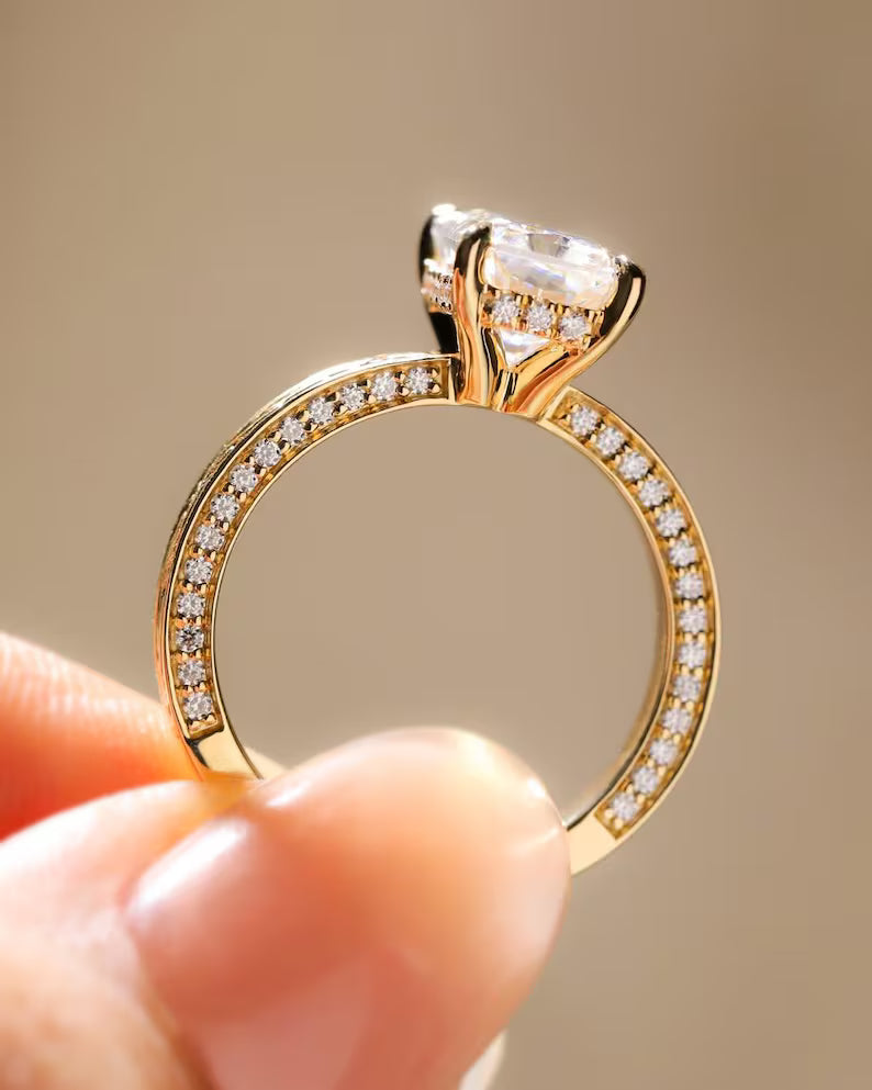4CT Radiant Cut Moissanite Engagement Ring Vintage Engraved Gold Band