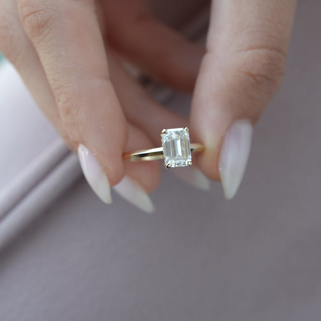 1.50 CT Emerald Cut Hidden Halo Moissanite Diamond Engagement Ring