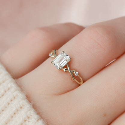 1.50 CT Emerald Cut Nature Inspired Moissanite Diamond Engagement Ring