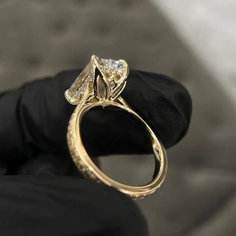 4 CT Emerald Cut Moissanite Engagement Ring | 14k Yellow Gold | Art Deco Cathedral Wedding Ring