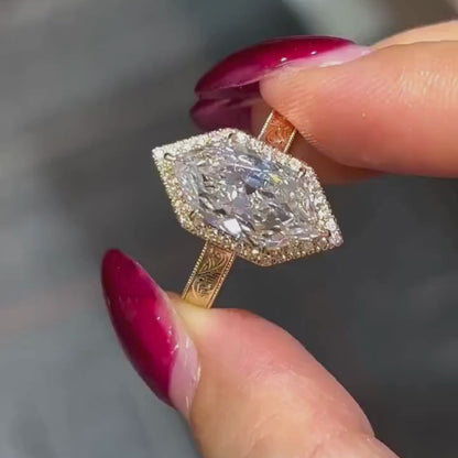 Unique Halo Dutch Marquise Cut Lab Grown Diamond Filigree Engraved Ring