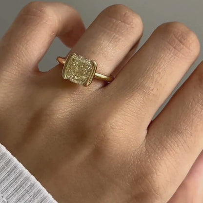 2.5 CT Fancy Yellow Cushion Cut Lab Grown Engagement Ring, Half Bezel Set Wedding Ring, 14k Yellow Gold IGI Certified Ring For Women