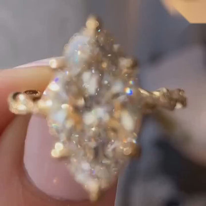 Marquise Cut Moissanite Engagement Ring - Twisted Vine Pavé Band Vintage Gold Ring