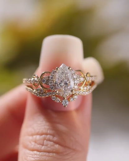 Pear Moissanite Crown Engagement Ring Twisted Band Wedding Set