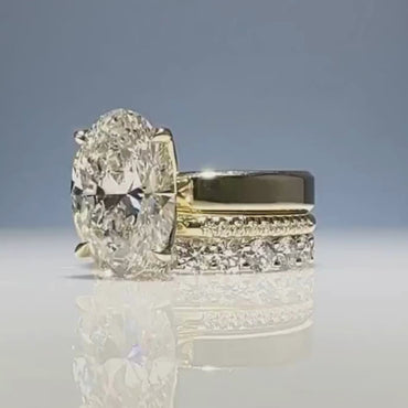 Elongated 4CT Oval Cut Moissanite Three Piece Diamond Bridal Ring Set, 14k Solid Yellow Gold Tulip Engagement Ring Set, Anniversary Ring Set