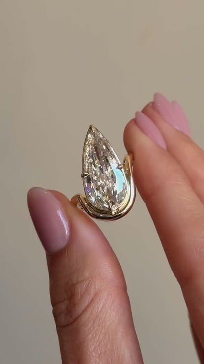 Modern Pear Cut Diamond Engagement Ring - Floating Half-Bezel Curved Band