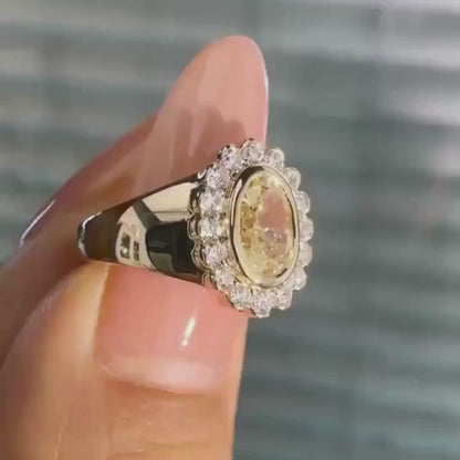 Vintage Yellow Oval Lab Diamond Flower Pinky Halo Engagement ring