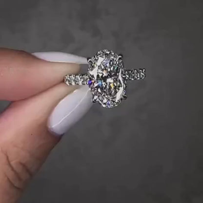 14K Gold Oval Moissanite Diamond With Hidden Halo Engagement Ring