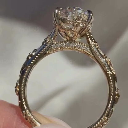 Vintage Floral Oval Moissanite Engagement Ring - Intricate Milgrain Hidden Bridge Gold Ring