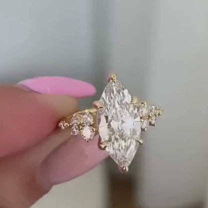 2 CT Marquise Moissanite Engagement Ring with Cluster Side Stones