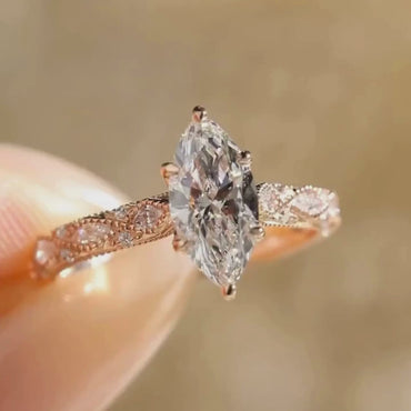 Milgrain 2 CT Marquise Moissanite Diamond Engagement Ring, Unique Art Deco Wedding Ring, Vintage 14K Rose Gold Promise Ring, Proposal Ring for Her