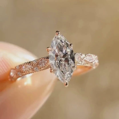 Milgrain 2 CT Marquise Moissanite Diamond Engagement Ring, Unique Art Deco Wedding Ring, Vintage 14K Rose Gold Promise Ring, Proposal Ring for Her