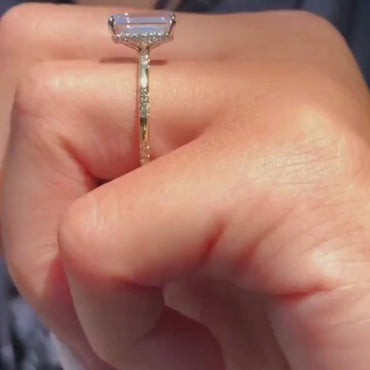 3CT Emerald Cut Moissanite Engagement Ring With 14K Yellow Gold Hidden Halo